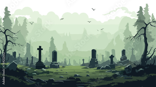 A haunted graveyard with moss-covered tombstones 