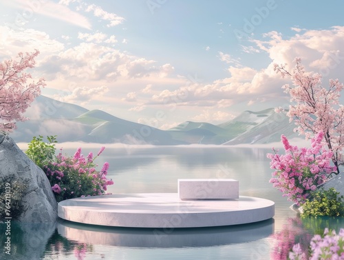 3d render natural beauty white podium with sky and lake background for product display