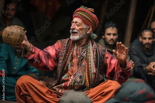 A man wearing a vibrant turban sits facing a gathering of other men, A traditional storyteller captivating an audience, AI Generated