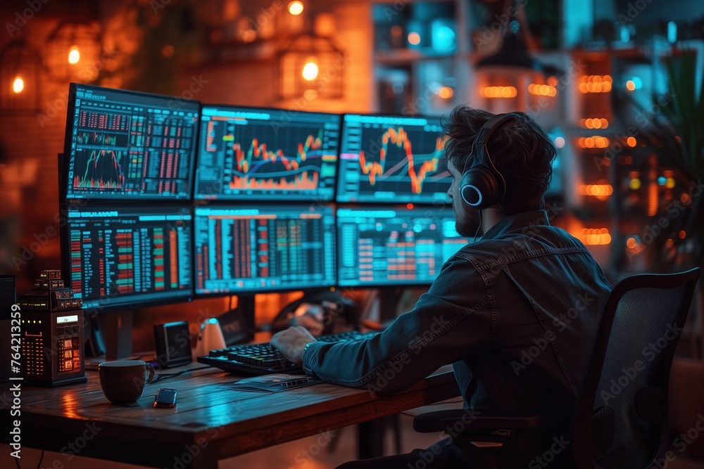 A focused individual surrounded by multiple screens displaying intricate stock market graphs and data charts in a dark room A focused individual surrounded by multiple screens displaying intricate stock market graphs and data charts in a dark room