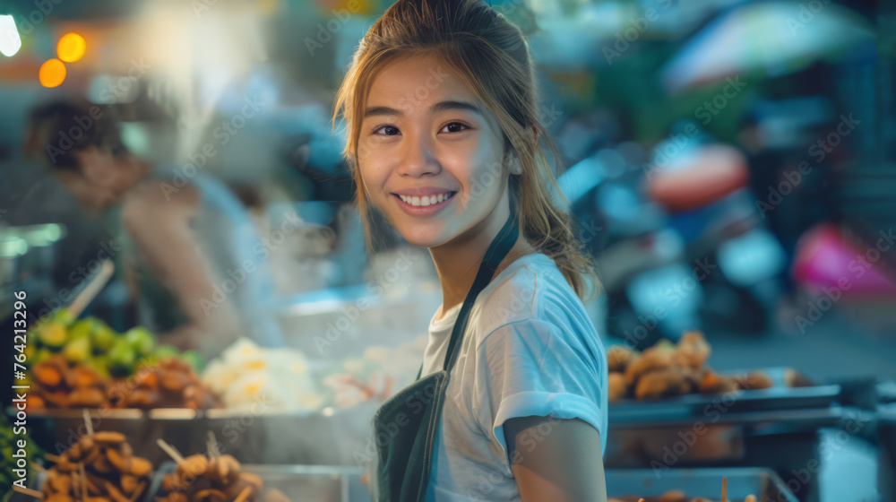 An outdoor portrait of an attractive smiling Thai street food vendor.