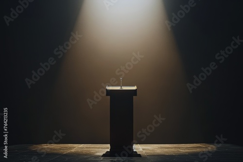 silhouette of lectern or rostrum with microphone in the spotlight. speech talk lecture influence attention concept. photo