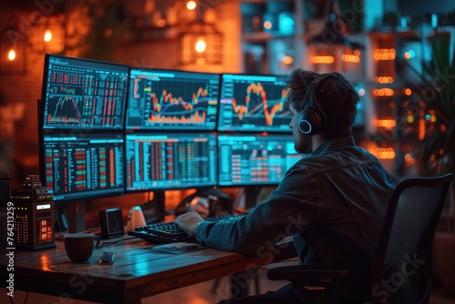 A focused individual surrounded by multiple screens displaying intricate stock market graphs and data charts in a dark room