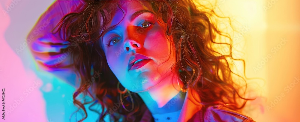 Vibrant Glow of Neon Dreams, woman's portrait is painted with a vibrant spectrum of neon lights, her curls and captivating gaze drawing the observer into a world of vivid imagination
