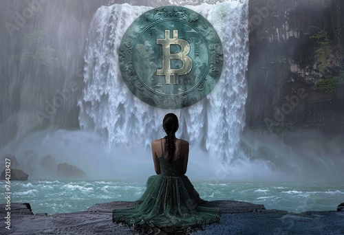 Cryptocurrency Dreamscape, contemplative woman in an elegant dress gazes at a Bitcoin emblem cascading over a waterfall, symbolizing the power and mystery of digital currency