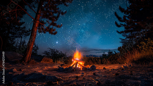A cozy campfire crackling under a starry night sky, surrounded by friends sharing stories and laughter amidst the tranquil wilderness.