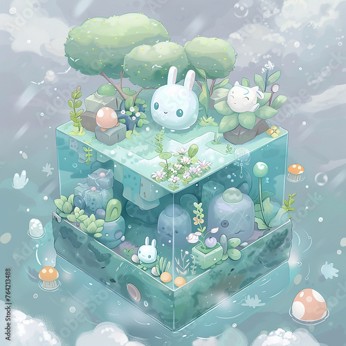 a small cube with plants and little bunny, 2d cartoon little bunny in cube concept, Kawaii little rabbit