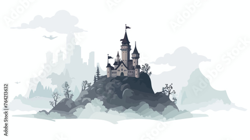 A mystical castle on a hill shrouded in fog. flat vector
