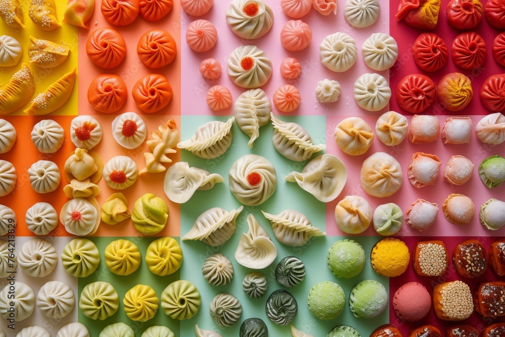 This photo showcases a colorful collage featuring a wide variety of candies, enticingly arranged, A vibrant, colorful collage of various Chinese dumplings, AI Generated