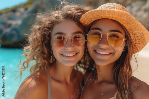 Two young women in sun hats and sunglasses sharing a joyous moment with a clear blue sea backdrop