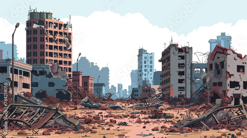 A post-apocalyptic cityscape with collapsed buildin photo
