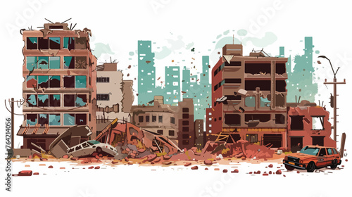 A post-apocalyptic cityscape with collapsed buildin