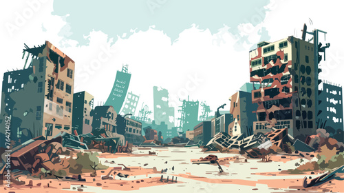 A post-apocalyptic cityscape with collapsed buildin photo