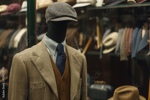 A mannequin stands in a realistic suit and hat, presenting a professional and stylish appearance, A vintage golf attire from the 1920s, AI Generated © Iftikhar alam