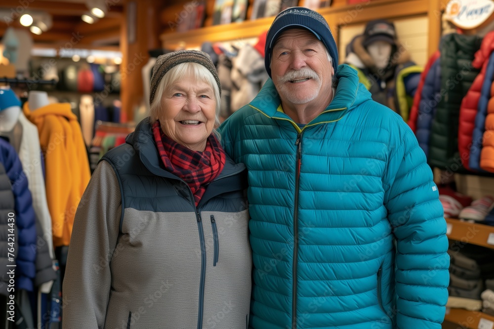 Senior couple shopping together in city, engaged lifestyle in retirement. Mature couple in winter apparel beams joyfully inside a cozy store, with vibrant outerwear racks in the backdrop