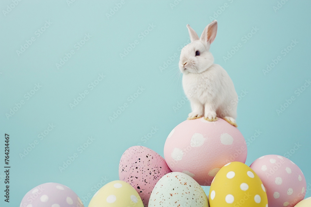 Obraz premium bunny with colorful easter eggs, copy space background