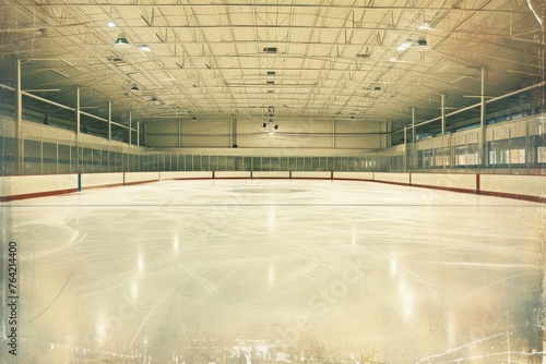 An image of an ice rink located inside a spacious building, devoid of any people or activity, A vintage style postcard of a serene, empty ice rink waiting for a hockey match to begin, AI Generated