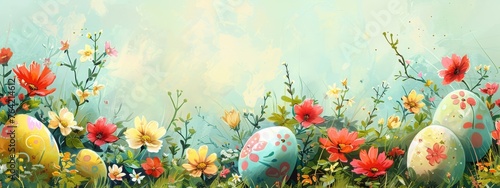 Background easter egg spring bunny happy rabbit flower seamless cute. Egg easter background floral wallpaper illustration design animal card decoration holiday graphic print element blue paint grass.