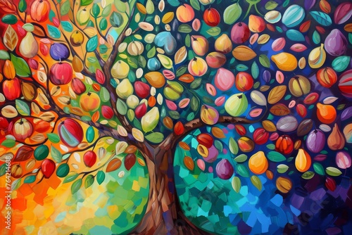 A vibrant painting showcasing a tree adorned with an array of colorful leaves, A vivid painting conveying the concept of a tree nut allergy, AI Generated