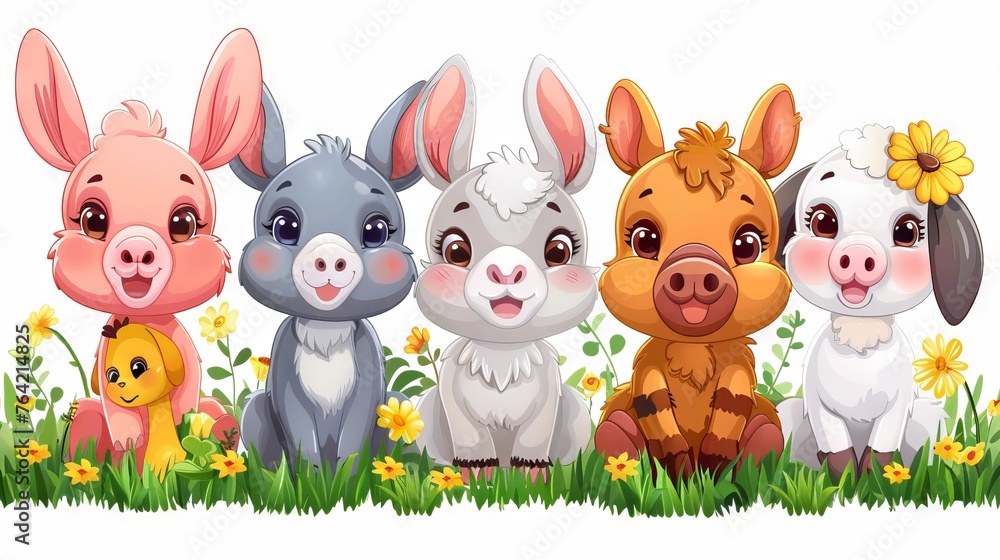 A bright illustration of cartoon animals in the garden, standing in a row against a background of blooming flowers. A bright illustration of cartoon animals in the garden, standing in a row against a background of blooming flowers.