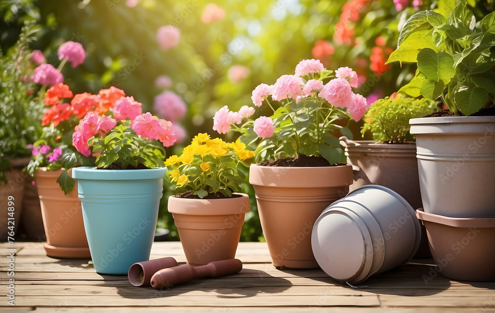 Sunny Spring or Summer Garden Scene with Flowerpots - Ideal for Gardening Background