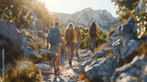 Trio of Hikers on Mountain Path, group of young explorers tread a stony path amidst wild grasses, with the golden hour sun casting a warm glow on the mountainous backdrop photo