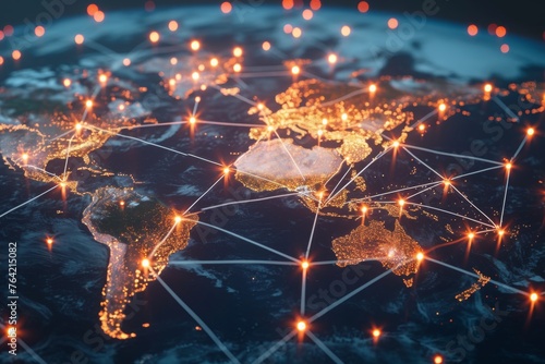 A detailed map of the world showcasing numerous brightly lit areas, illustrating global urbanization and development, A web of globally connected remote workers, AI Generated