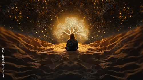 Woman meditating in the desert night, watching a magical spirit tree grow in front of her. Energy work, spiritual practice. Nighttime landscape filled with golden light and sparkles. photo