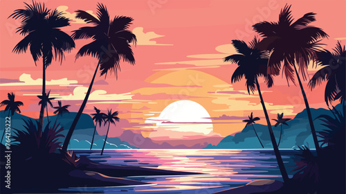 A serene beach at sunset with palm trees and gentle © Noman