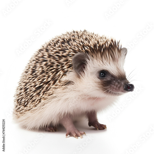 Adult male Four toed Hedgehog aka Atelerix albiventris. Sitting facing front eating cat kibble. Isolated on a white background.