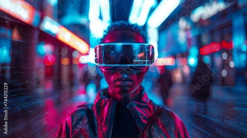 Black man walking on night street and wearing VR neon glasses. Against a cyberpunk cityscape. Future game and entertainment digital technology concept. Generative ai
