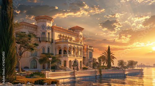 A luxurious home nestled amidst the serene hues of the sunset  casting warm golden tones across its elegant architecture. 
