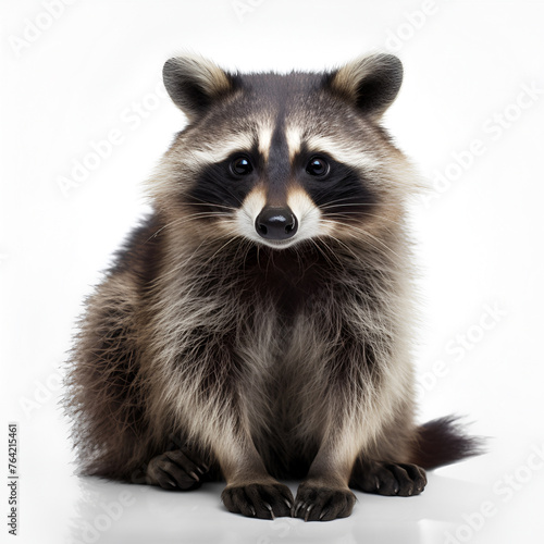 Young Raccoon standing in front and facing at the camera isolated on white