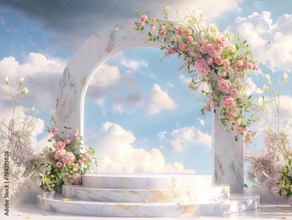 3d render white podium with flower and sky background romantic scene, for product display 3d render white podium with flower and sky background romantic scene, for product display
