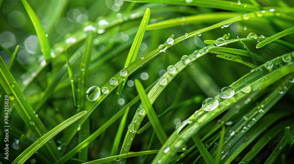 A macro shot capturing the intricate details of dewdrops on blades of grass, set against a backdrop of verdant foliage. 