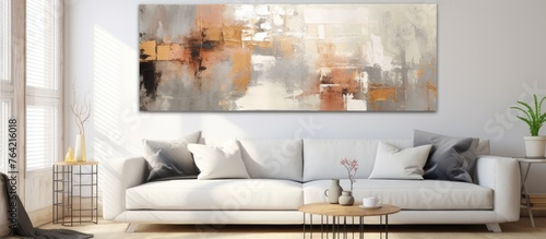 A close-up view of a comfortable couch situated in a stylish living area, adorned with a beautiful painting