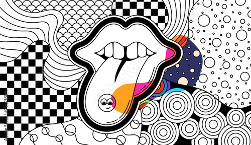 Groovy smyle with tongue pill. Zentangle coloring page for adults. 