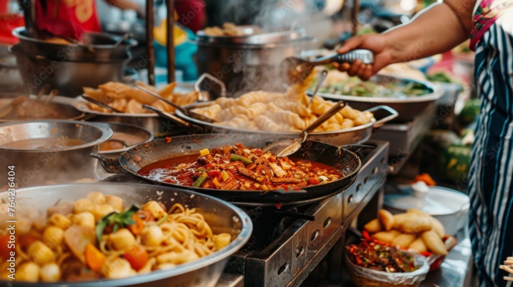 Obraz premium Bustling Street Food Market Serving Fresh Dishes at Dusk