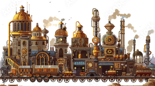 A steampunk city with brass towers and steam-powere