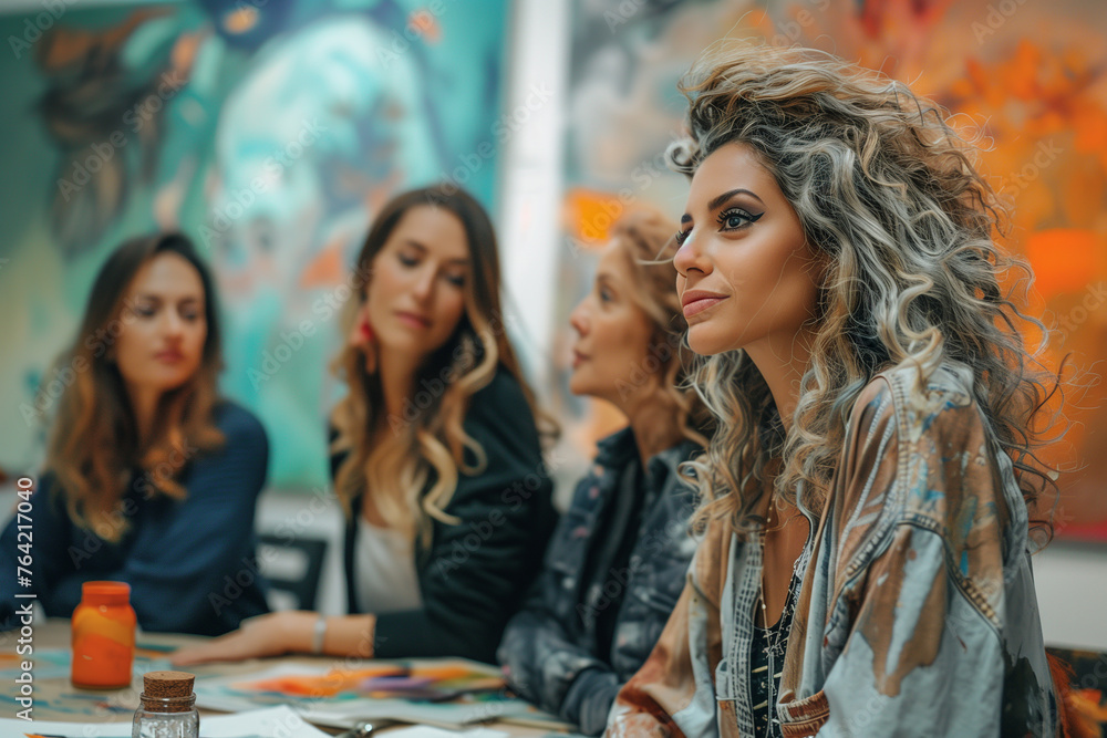 A group of friends participating in a workshop on mindfulness-based art therapy. Women at table admiring paintings, sharing, and having fun at art event A group of friends participating in a workshop on mindfulness-based art therapy. Women at table admiring paintings, sharing, and having fun at art event