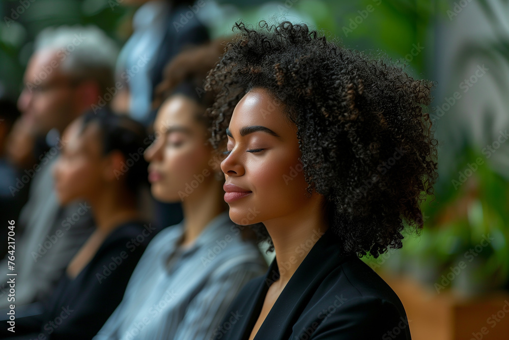 A person attending a seminar on mindfulness and meditation for beginners. A group of people are sitting in a row with their eyes closed - obrazy, fototapety, plakaty 
