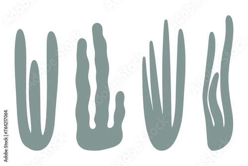 Abstract botanical set of leaves, flowers, algae, bizarre shapes. Textured shapes. Vector illustration flat hand-drawn style.