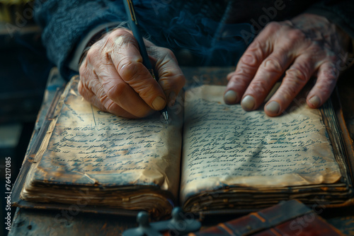 A close-up of a person's hands writing in a journal, reflecting on personal growth. A person is writing in an old book with a pen