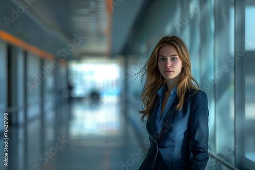 Beautiful girl in a business center offices at working day A woman in an electric blue suit stands by a window in a dark hallway Free Download Beautiful girl in a business center offices at working day A woman in an electric blue suit stands by a window in a dark hallway - GFXLoad