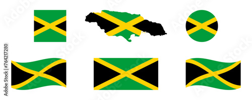 Jamaican Flag icon set. Black, Green, Gold Flags of Jamaica. Jamaican Independence Emancipation Day Isolated Vector on White Background  photo
