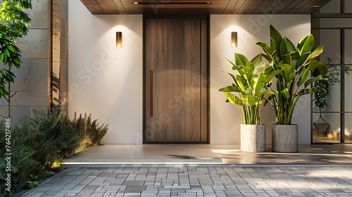 A modern farmhouse entrance adorned with potted plants. Wooden door with glass and forging for luxury. --ar 16:9 --v 6.0 - Image #3 @Zubi