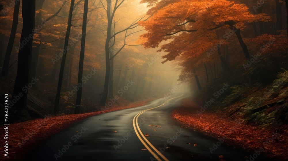 Outdoor autumn forest view with country road leading through and large, beautiful trees on either side