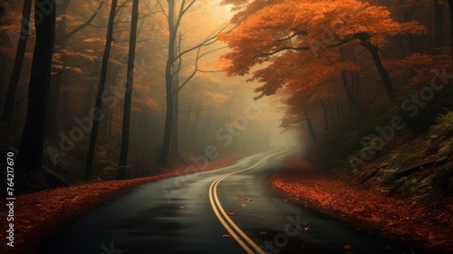 Outdoor autumn forest view with country road leading through and large, beautiful trees on either side