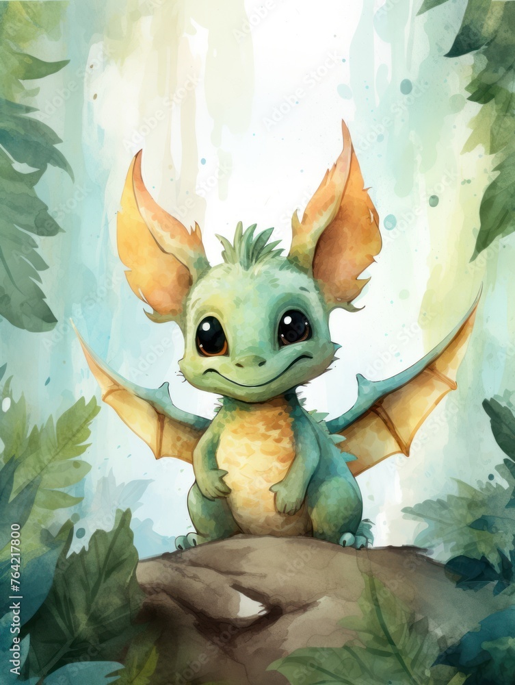 Cartoon watercolor of a happy green dragon in a mysterious forest