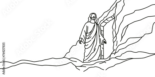 Vector linear drawing of Jesus emerging from the cave. The Holy Risen Lord Messiah Savior Evangelical Saint.